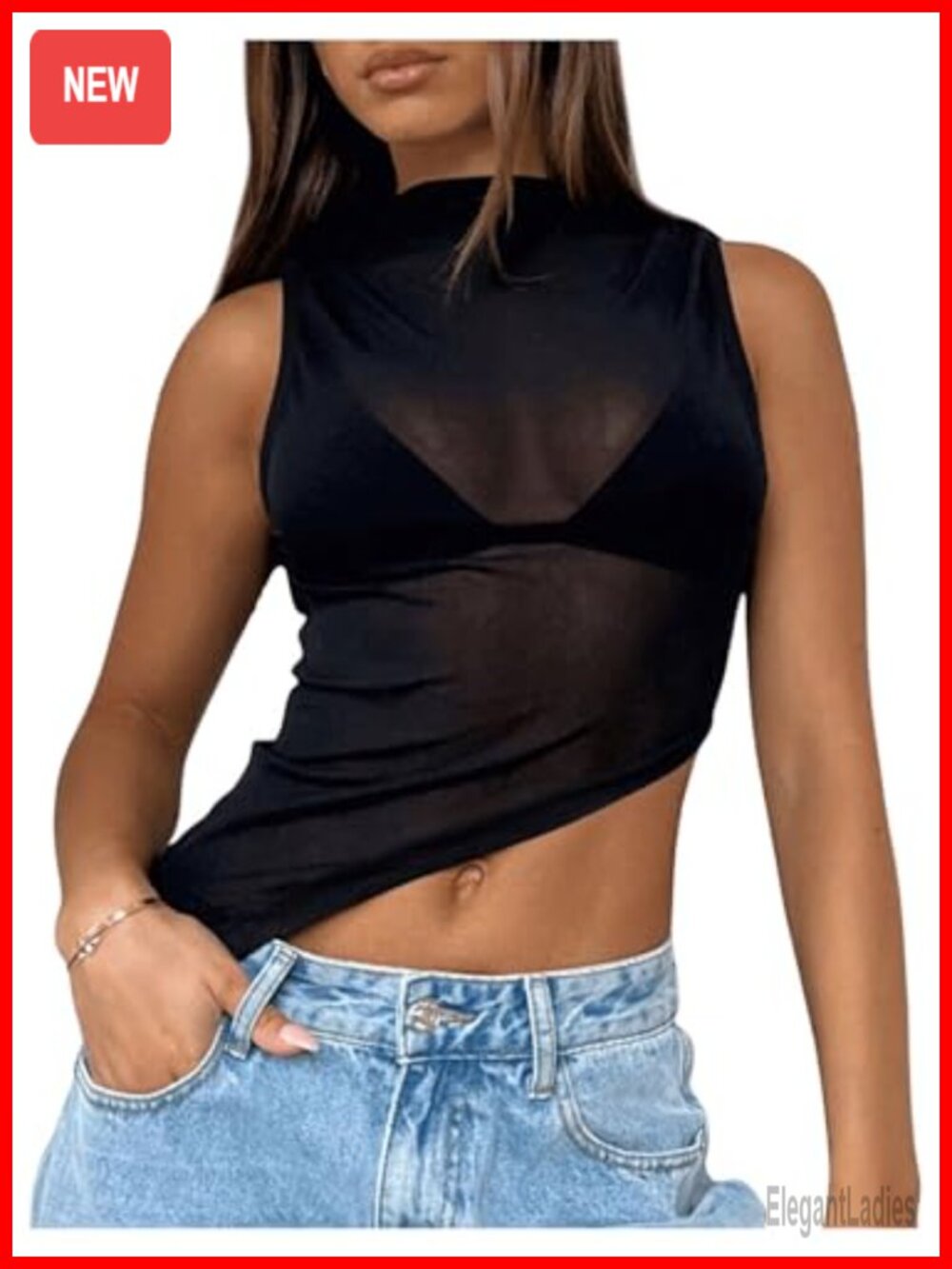 Women's Sheer Mesh Mock Neck Crop Tank Top Sleeveless Going Out Top